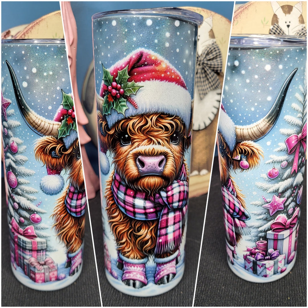 Pink Christmas Highland Cow 20oz skinny tumbler